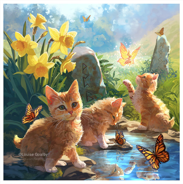 Three kittens play with butterflies around a small body of water, with a fairy among them. Client work - Painted for Llewllyn