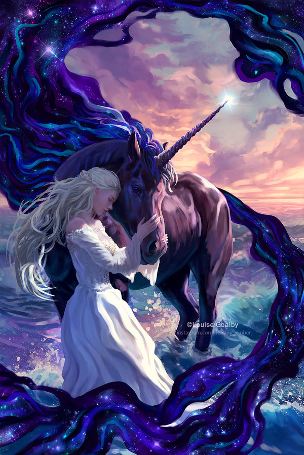 A woman in a white dress finds comfort in a magical, dark unicorn that embodies the night. Client work