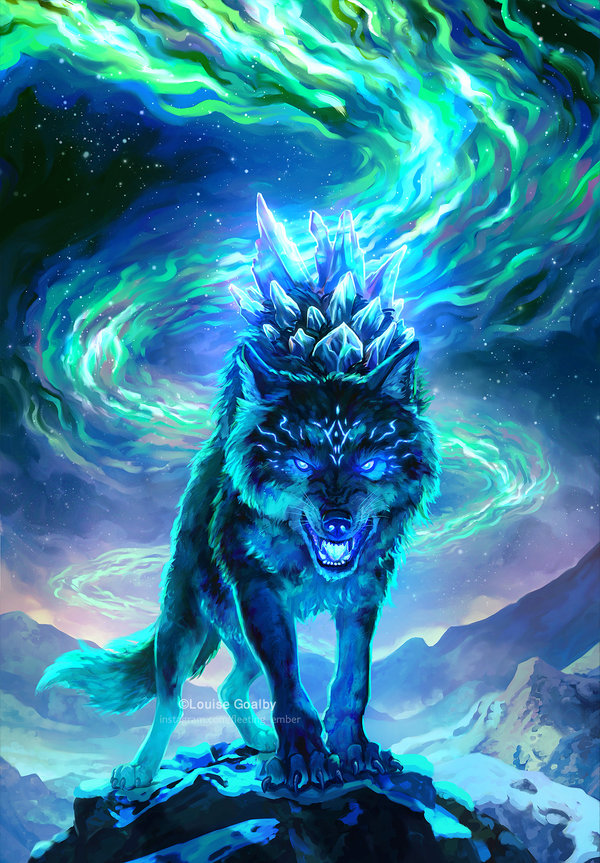 An ice elemental wolf snarls menacingly atop an icy mountain with a swirling aurora behind. Client work