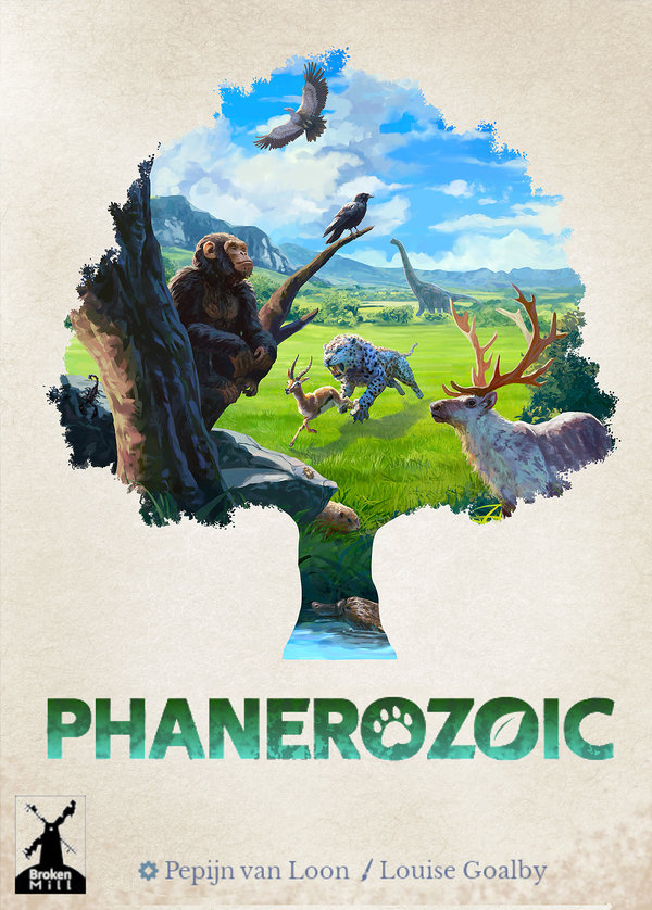 Box art for the Phanerozoic board game featuring my full illustration showcasing lots of the animals featured within the game