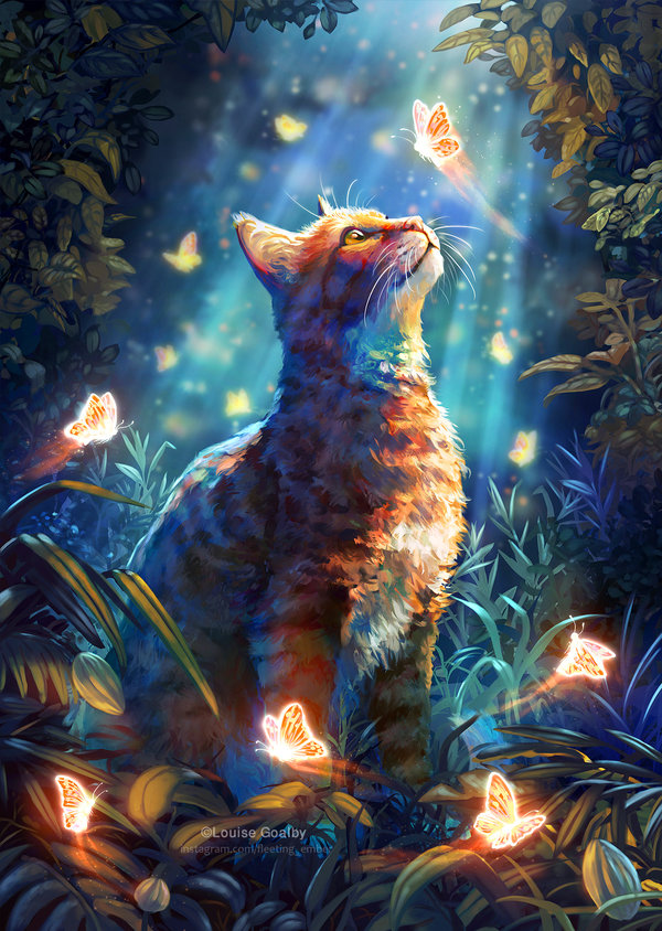 A magical illustration featuring a ginger cat in a clearing of a detailed forest with glowing butterflies darting around. Client work